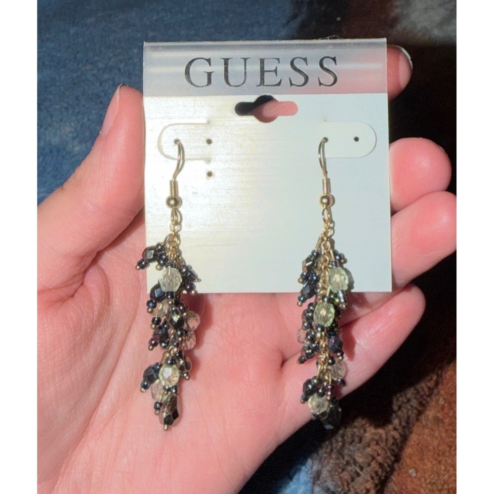 Guess Beaded Cluster Drop Earrings Gold Tone Black Iridescent Dangle French Hook